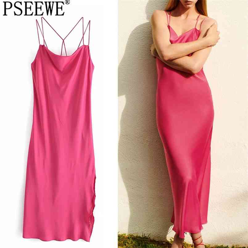 

Rose Red Camisole Satin Long Dress Women Summer Backless Slip Sexy Party Dresses Ladies Sleeveless Midi 210519