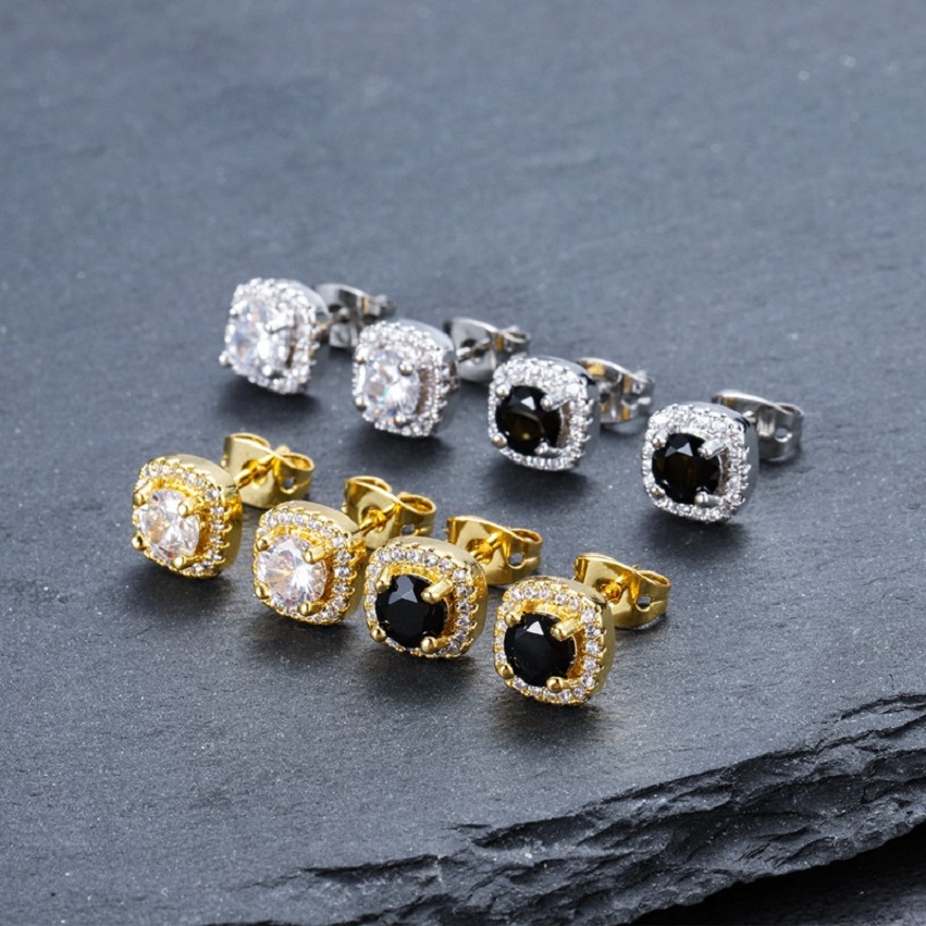 

Mens Hip Hop Stud Earrings Jewelry High Quality Fashion Round Gold Silver Black Diamond Earring For Men