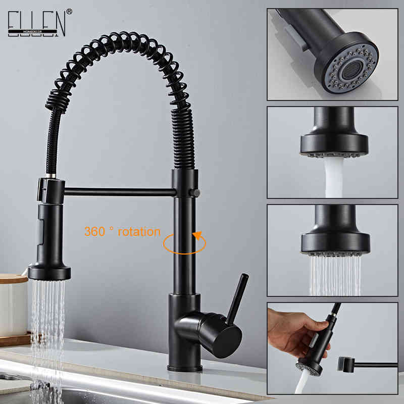 

Kitchen Faucets Deck Mounted Flexible Pull Out Mixer Tap Black Hot Cold Faucet Spring Style with Spray Mixers Taps E9009 Sp1d