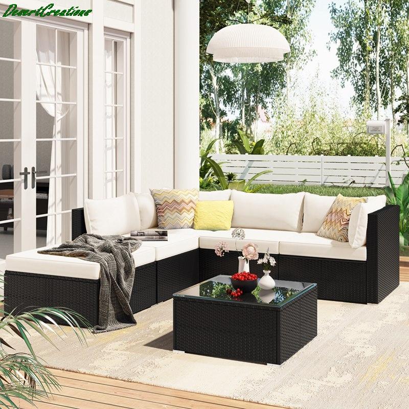 

6-Piece Patio Furniture Set Corner Sofa With Removable Cushions, PE Rattan Wicker, Outdoor Garden Sectional Chair Camp