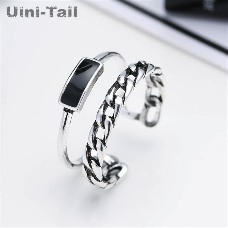 

Cluster Rings Uini-Tail Classic 925 Sterling Silver Geometric Design Double Chain Block Open Ring Fashion Tide Flow High Quality, Golden;silver