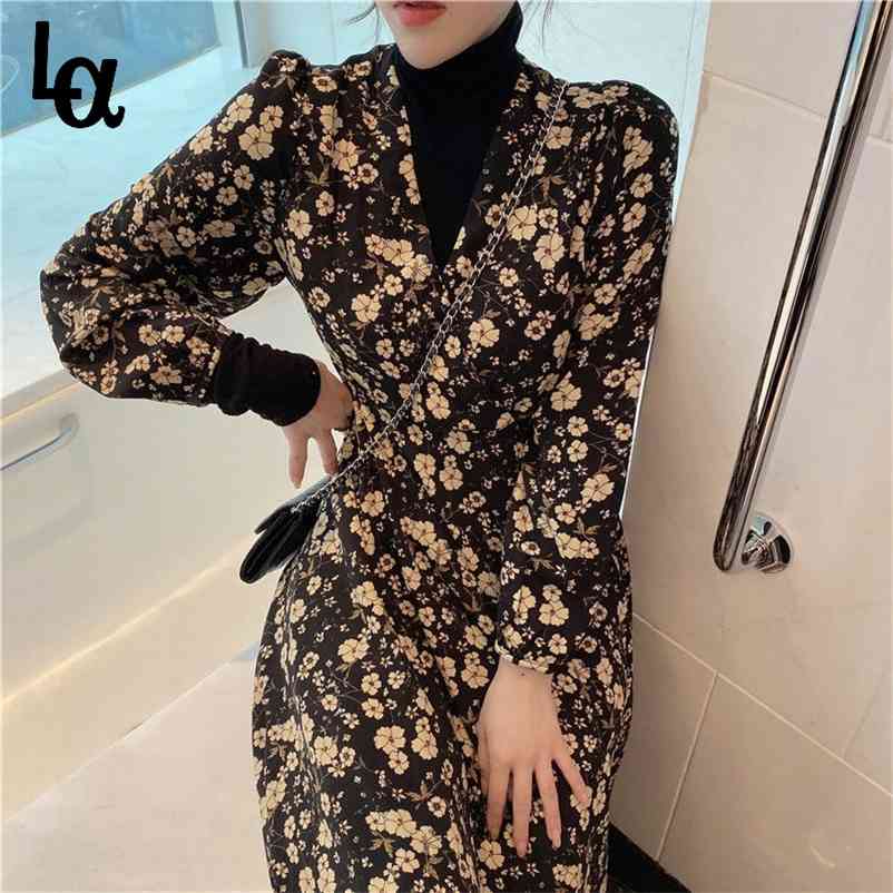 

Floral Chiffon Dress Vintage A-Line V-Neck Spring Women High Waist Fashion Long Sleeves Print Feamale Casual 210519, Orange
