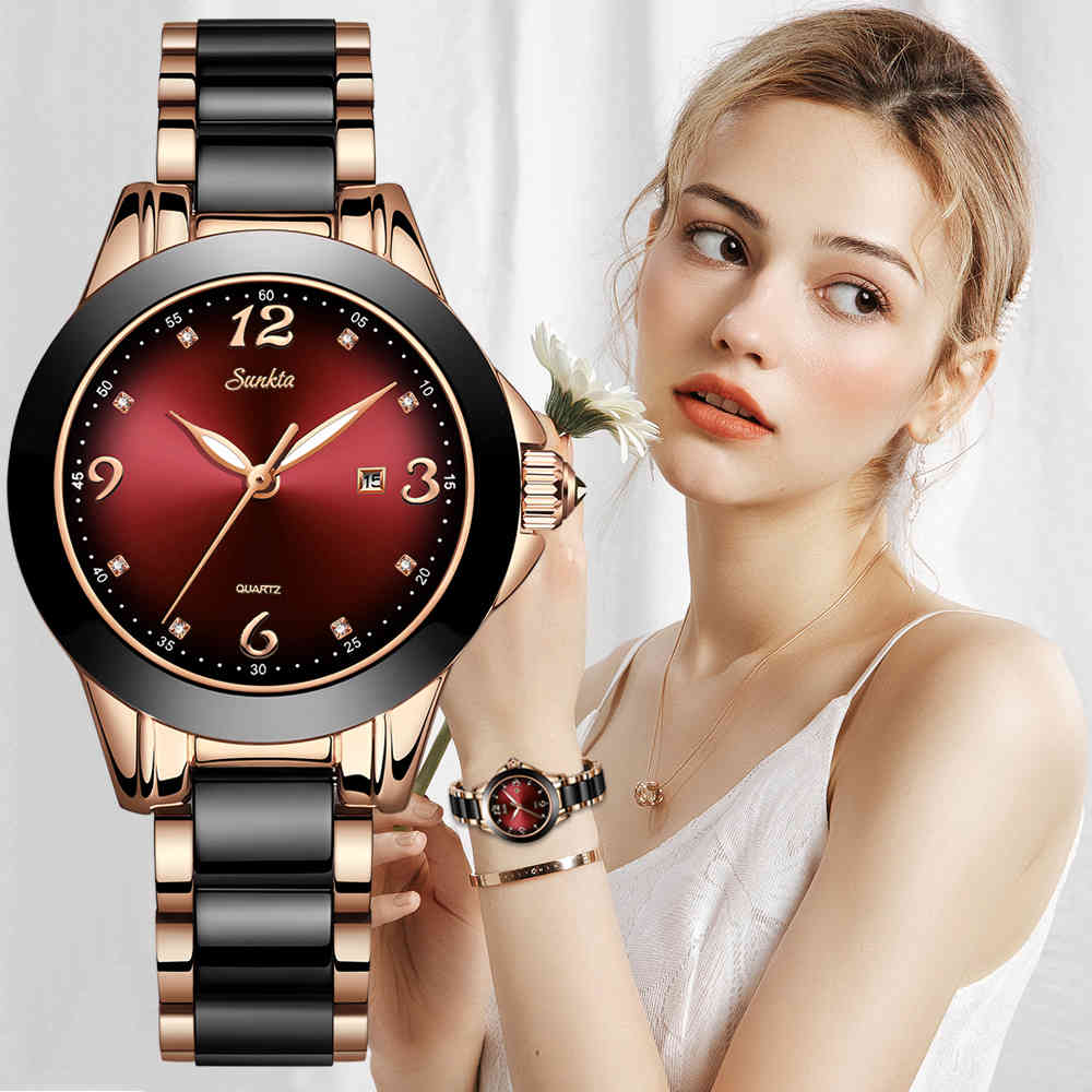 

Relogio Feminino SUNKTA Women Watches Waterproof Top Brand Luxury Watch Women With Ceramics And Metal Strap Relojes Mujer 210517, Rose gold green