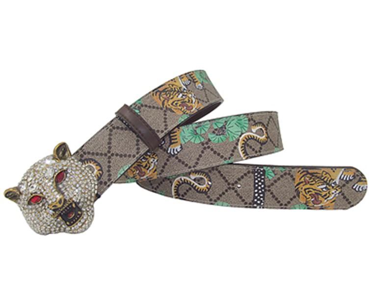 

Western Rhinestone Leopard Head Buckle Tiger Print Leather Men Belt Gift With Jeans, Gold
