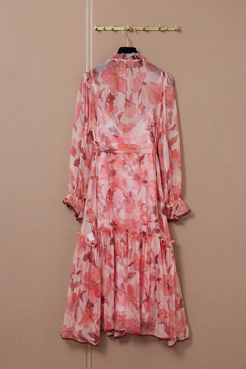 

New French stand collar pink print dress in early autumn
