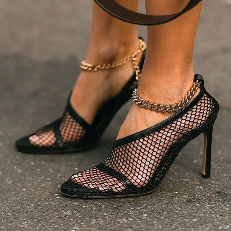 

Sandals Sexy Women Hollow Air Mesh Shoes Thin High Heels Chain Design Slip On Party Pumps Fashion Lace Elegant, Black