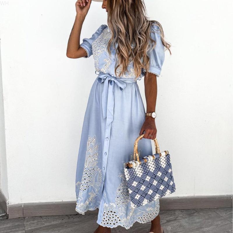 

Party Dresses Summer Woman Casual Short Sleeve Embroidery Strap Dress Ladies Satin Flower Clothing Sundress Robes Outfits For Women, Picture color