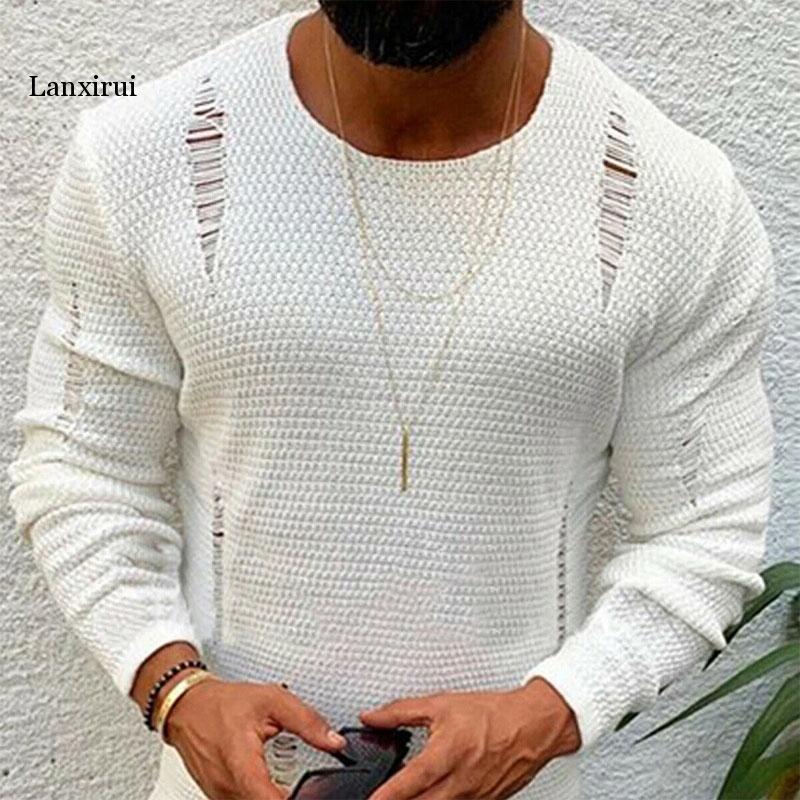 

Men Ripped Sweater Cotton Soft Male Winter Warm Knit Clothes Casual Cool Pullover O-Neck Long Sleeve Men's Sweaters, White