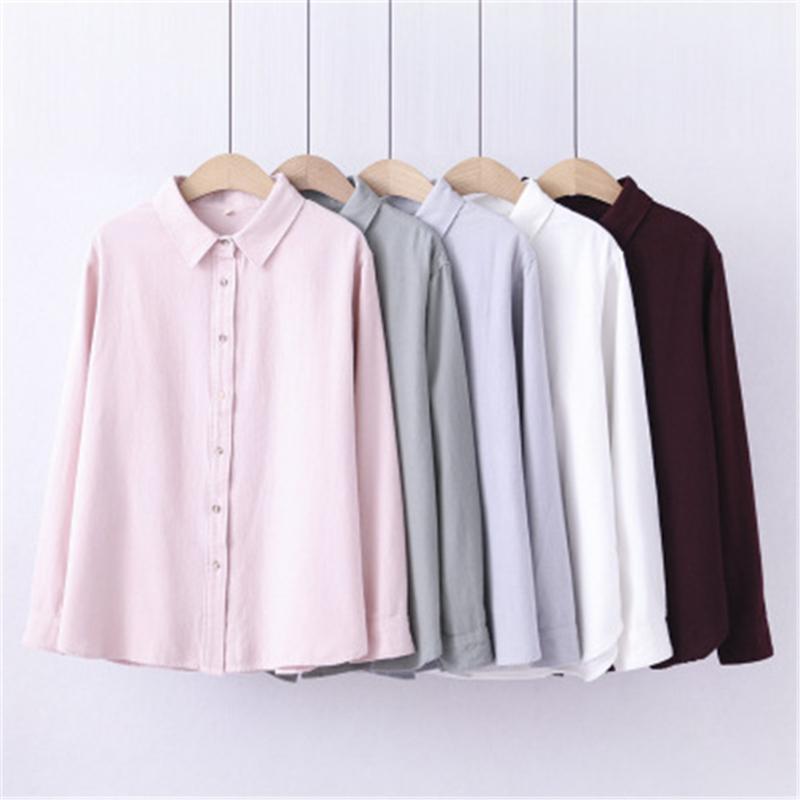 

Women's Blouses & Shirts 2022 Women Flannel Tops And Cotton Lady Long Sleeve Solid Color Office Work White Clothes Fashion Woman