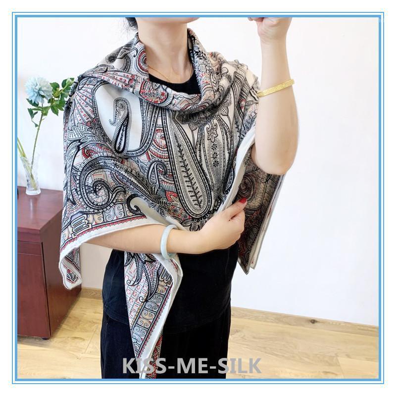 

Scarves KMS [Classic Paisley] Cashew Flower~Black And Red Silk Cashmere Square Scarf Fall Winter Warm Shawl 135*135CM/165G, Blue;gray