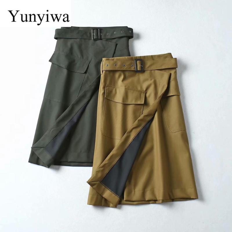 

Skirts 2021 Safari Style Women Paper Bag Wrapped A Line Skirt Faldas Mujer Ladies Pockets Patch Sashes Slimming Business, 02