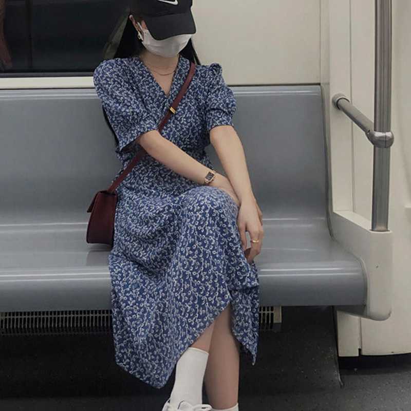 

Elegant Casual Midi Dres French Vintage Office Lady Print Female Blue Slim Party Korean Fashion 210604, As picture