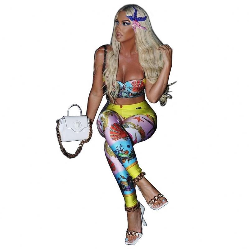 

Women' Two Piece Pants Women Set Print Spaghetti Strap Bra Tops Empire Sheath Elastic Long Pencil 2 Tracksuit Matching Outfit, Yellow