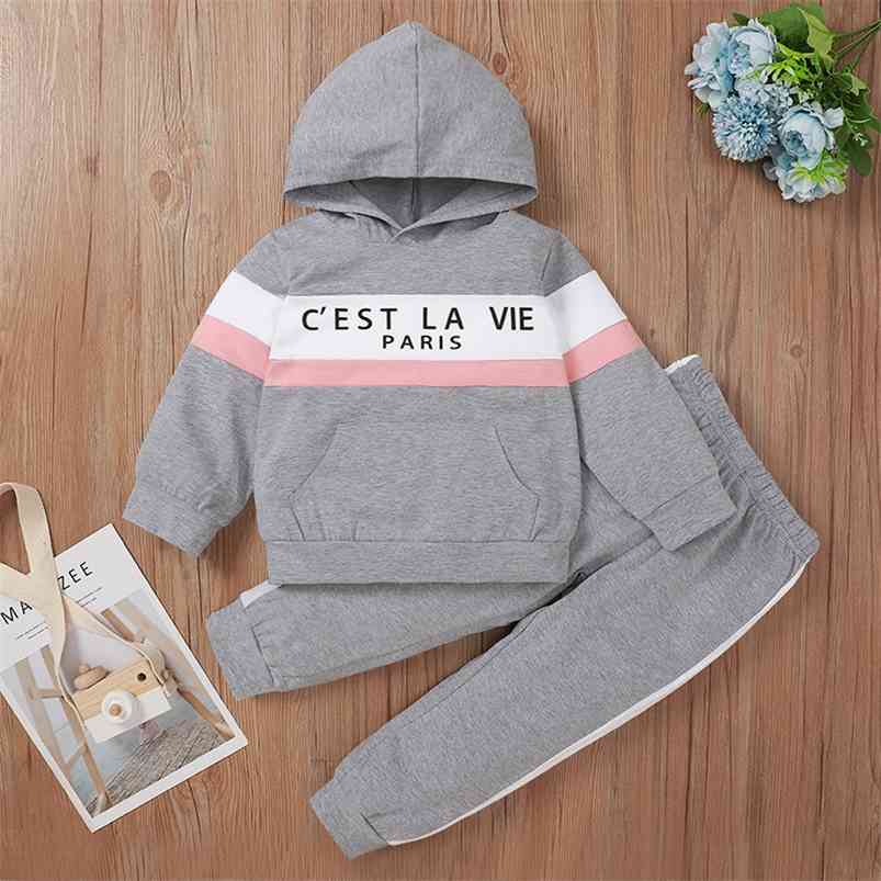 

Winter Children Sets Casual Long Sleeve O Neck Patchwork Letter T-shirt Gray Trousers Cute 2Pcs Girls Boys Clothes 210629