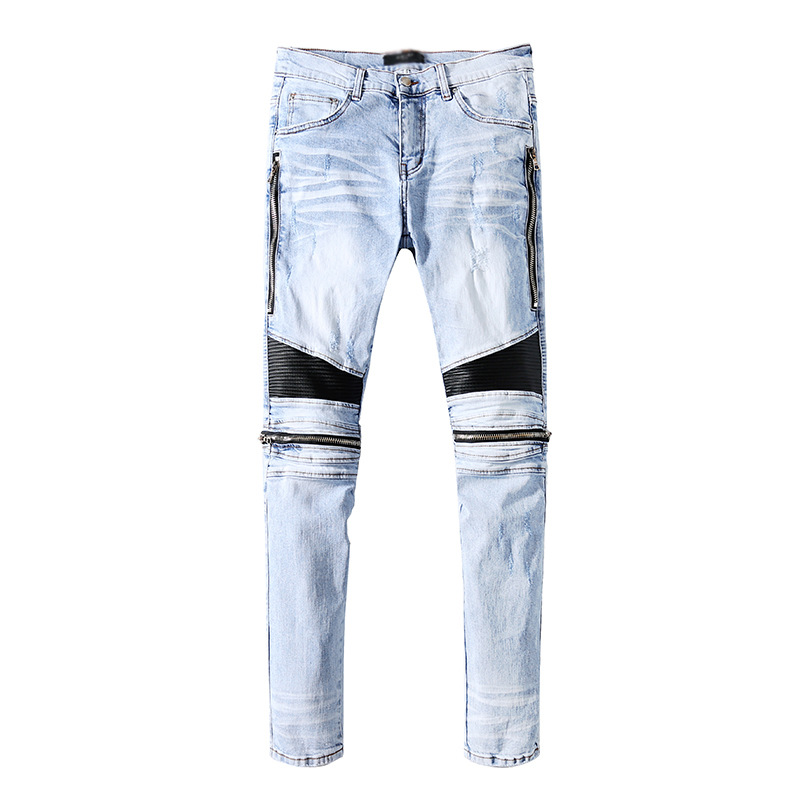 

High quality men's jeans straight leg welt wind light blue zipper knee pleated skinny feet 39-40size for men, As picture