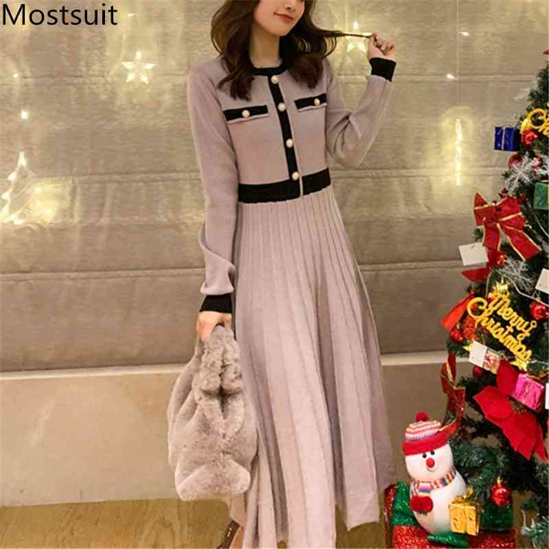 

Spring Vintage Knitted Long Dress Women Sleeve O-neck Buttons Dresses Korean Fashion Ladies Pleated Vestidos Mujer 210518, Red