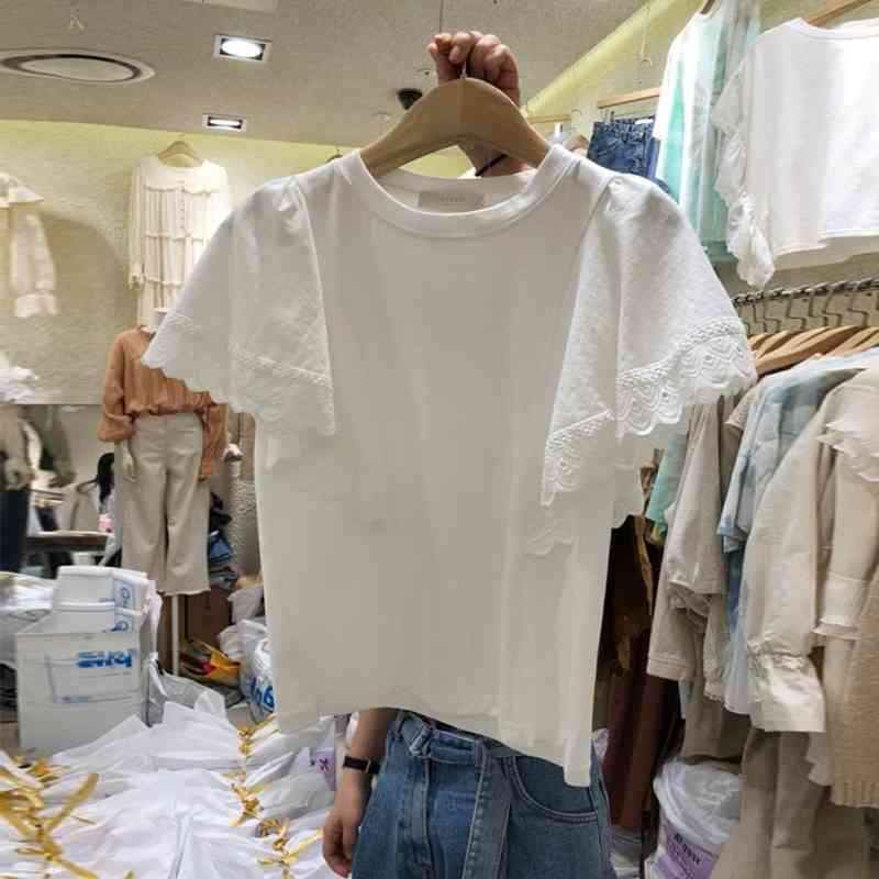 

VANOVICH Summer Hollow Lace Stitching Short Sleeve Solid Color T-shirt Female Butterfly Women Clothing 210615, White