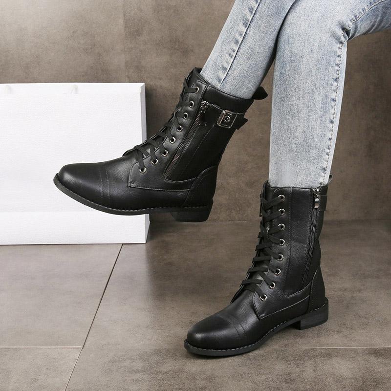 

Boots Women's Ankle Platform Ladies PU Lace Up Leather Thick Bootom Fashion Women Punk Zipper Female Footwear 2021, Black