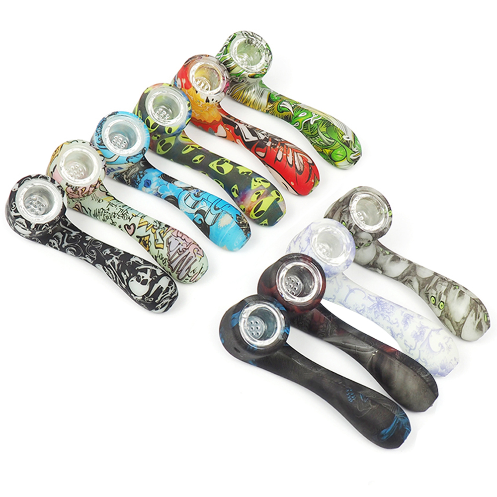 

Silicone Smoking Pipe with Bowl spoon pipe Silicone Pipe glow in the dark 7 word shape Smoking tobacco Hand Pipes colorful spoon