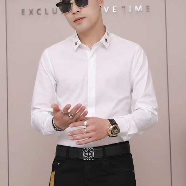 

Neckline Bee Embroidery Shirts for Men High-quality Business Dress Shirts Slim Fit Long Sleeve Casual Shirt Social Party Blouse 210527, Black