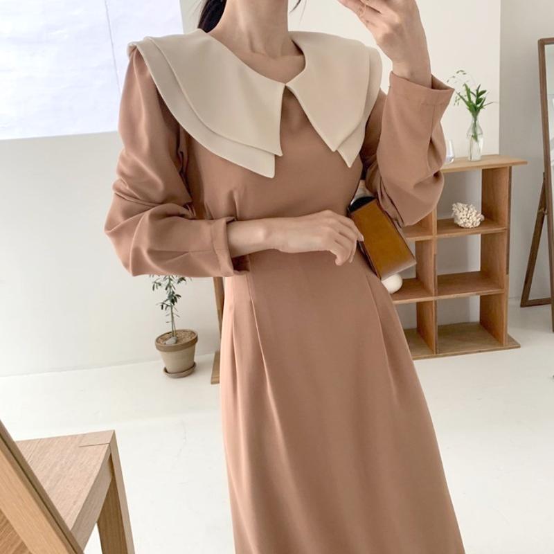 

Casual Dresses Vestido Mujer Autumn Chic Korean Retro Hit Color Double Layer Lace Up Waist Long Sleeve Mid-length Dress Lady OL Patchwork, Black;gray