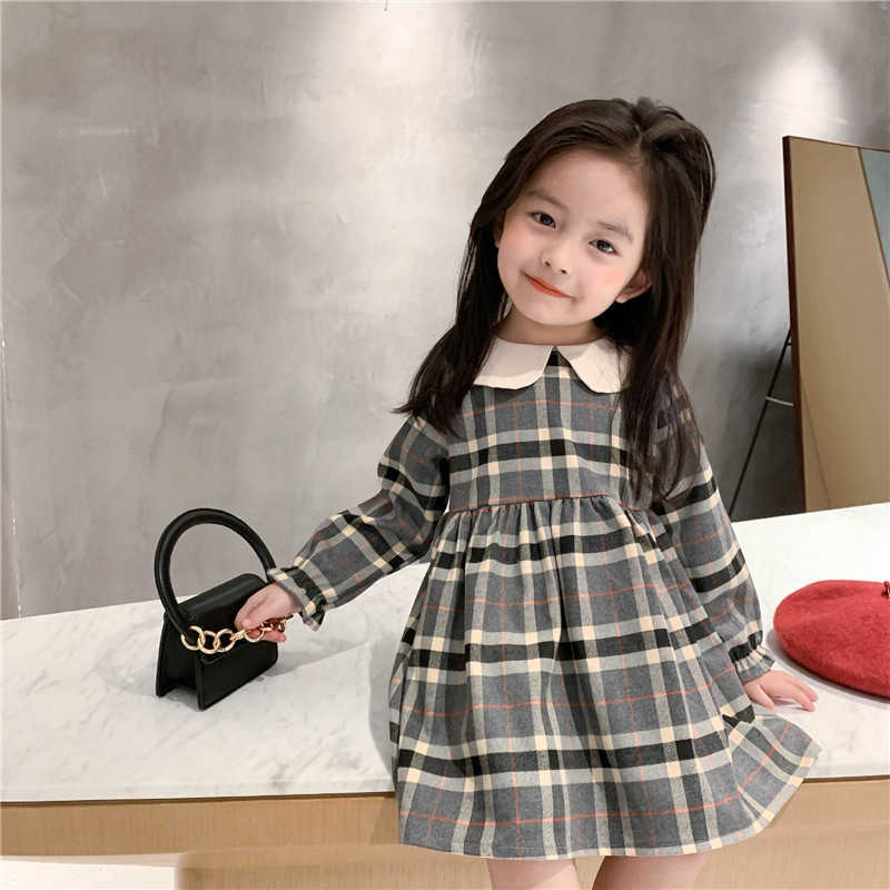 

autumn girl fashion plaid dress children long sleeve turn-down collar casual princess dresses 210615, Grey apricot