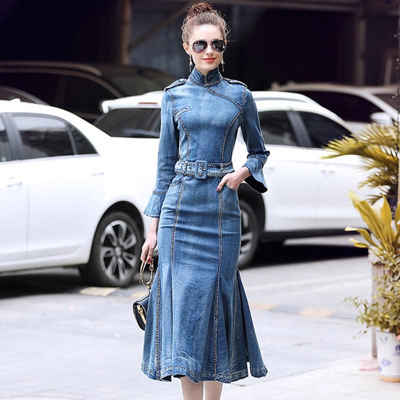 

Casual Dresses Autumn Spring Vintage Elegant Bodycon Long Denim Dress Female Fall Slim Sexy Ruffle Trumpet Maxi Jeans Robe, Blue long dress