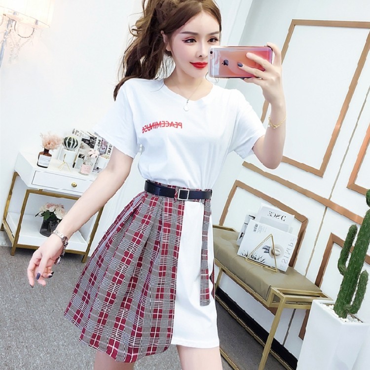 

Fashion Solid Color Suits White Cotton T-shirt Dresses + Plaid Mini Skirt Two-piece Set Summer Women Clothes 210518, Photo color