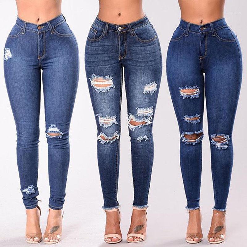

Women's Jeans Hole Ripped Women For Girls Stretch Mid Waist Skinny Female Pants 2021 Slim Pencil Trousers, Blue