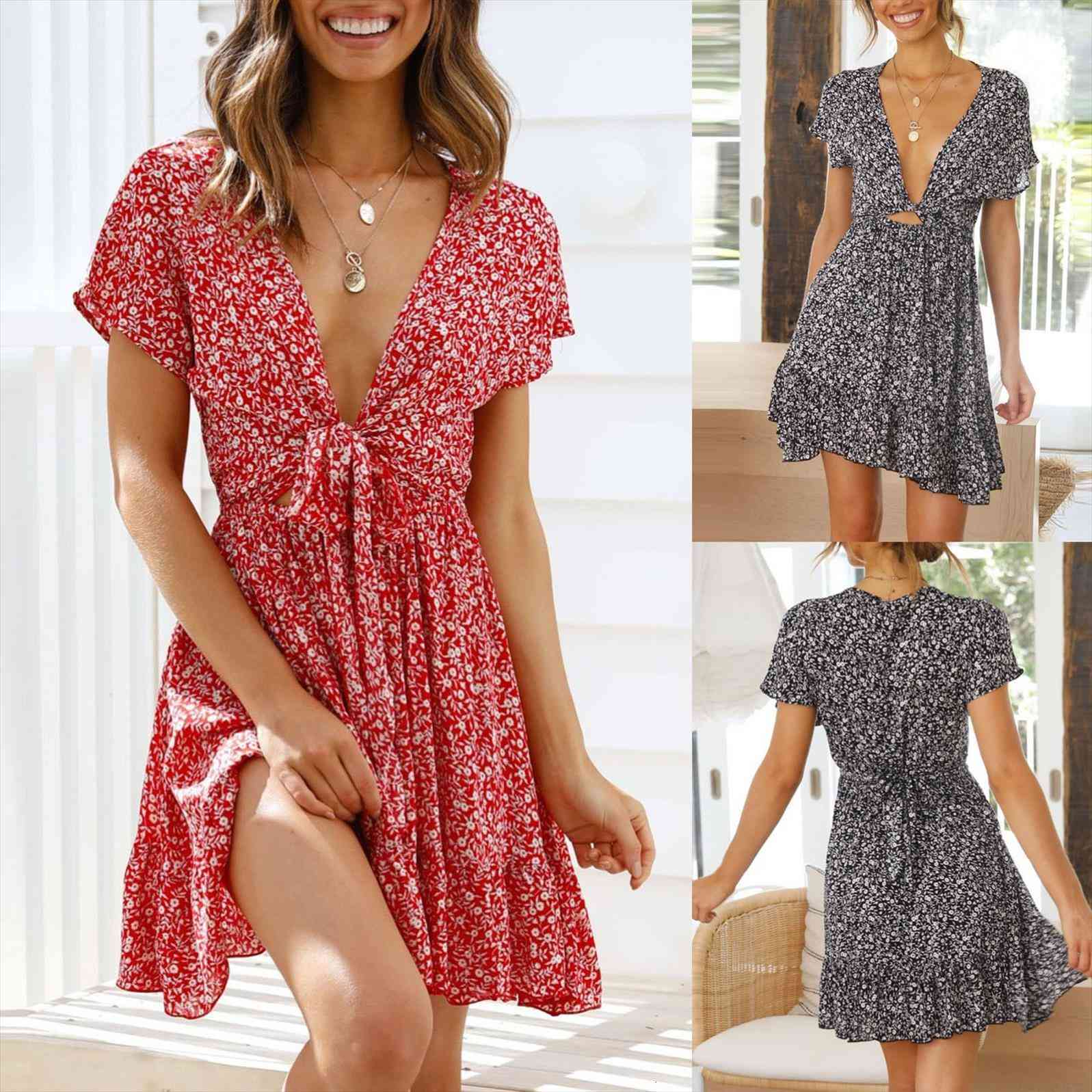 

fashion summer deep v women dresses strap floral print eknee length dress vestido de mujer, Black;gray