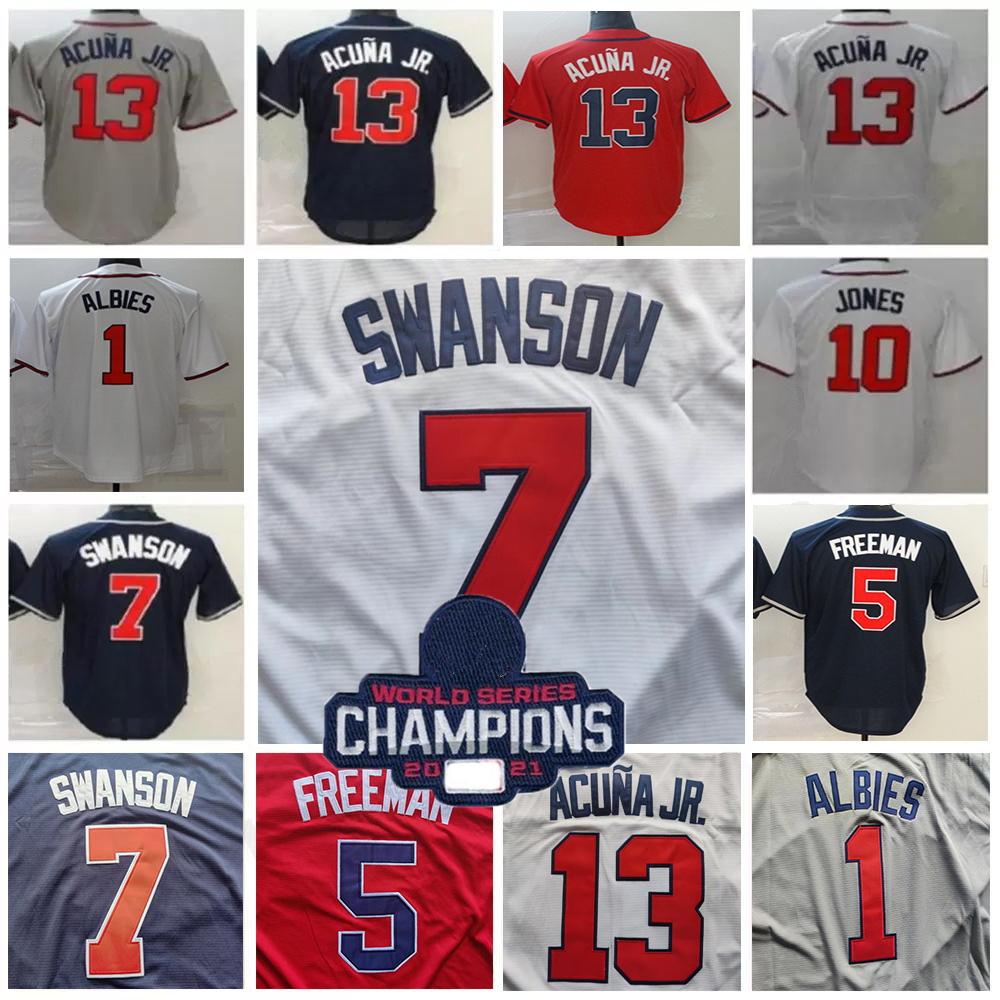

Freddie Freeman Jersey 7 Dansby Swanson 13 Ronald Acuna Jr. 27 Austin Riley 1 Ozzie Albies 10 Chipper Jones 12 Jorge Soler Eddie Rosario Men Women Youth Baseball Jerseys, Men's color 1