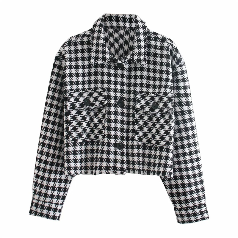 

Fashion Retro Women's Lapel Single Breasted Pocket Classic Houndstooth Plaid Short Shirt Style Chic Jacket 210521, Black