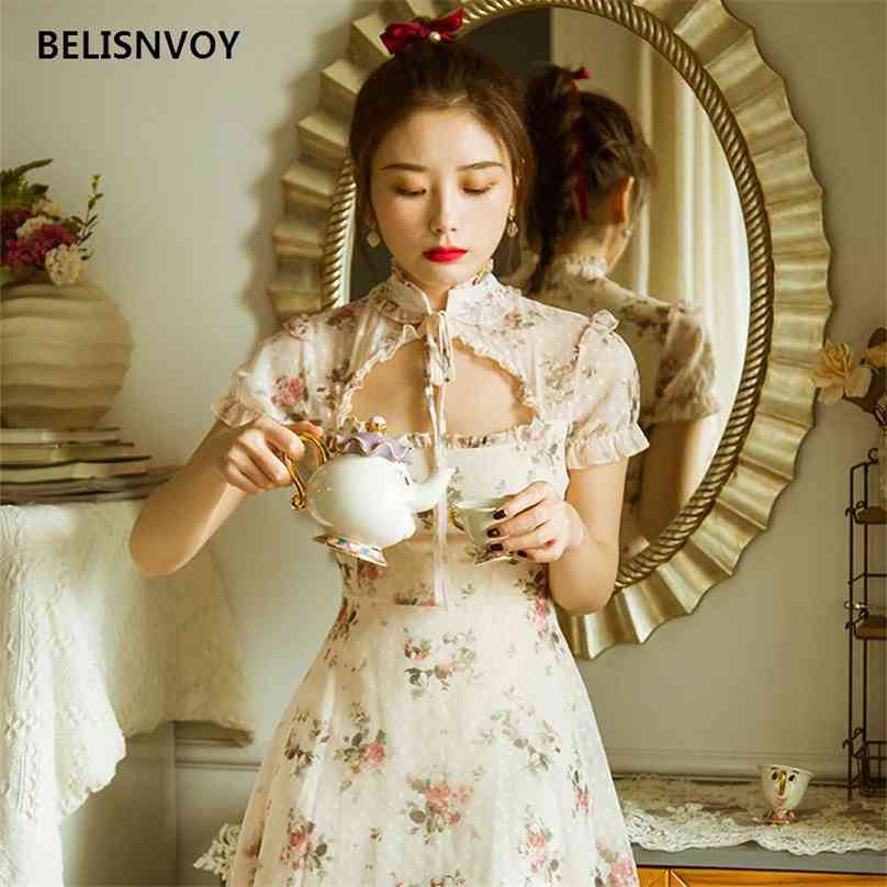 

Dresses For Women Mini Stand Collar Apricot Dot Floral Gorgeous Vintage Elegant Chiffon With Lining 210520, As the photo