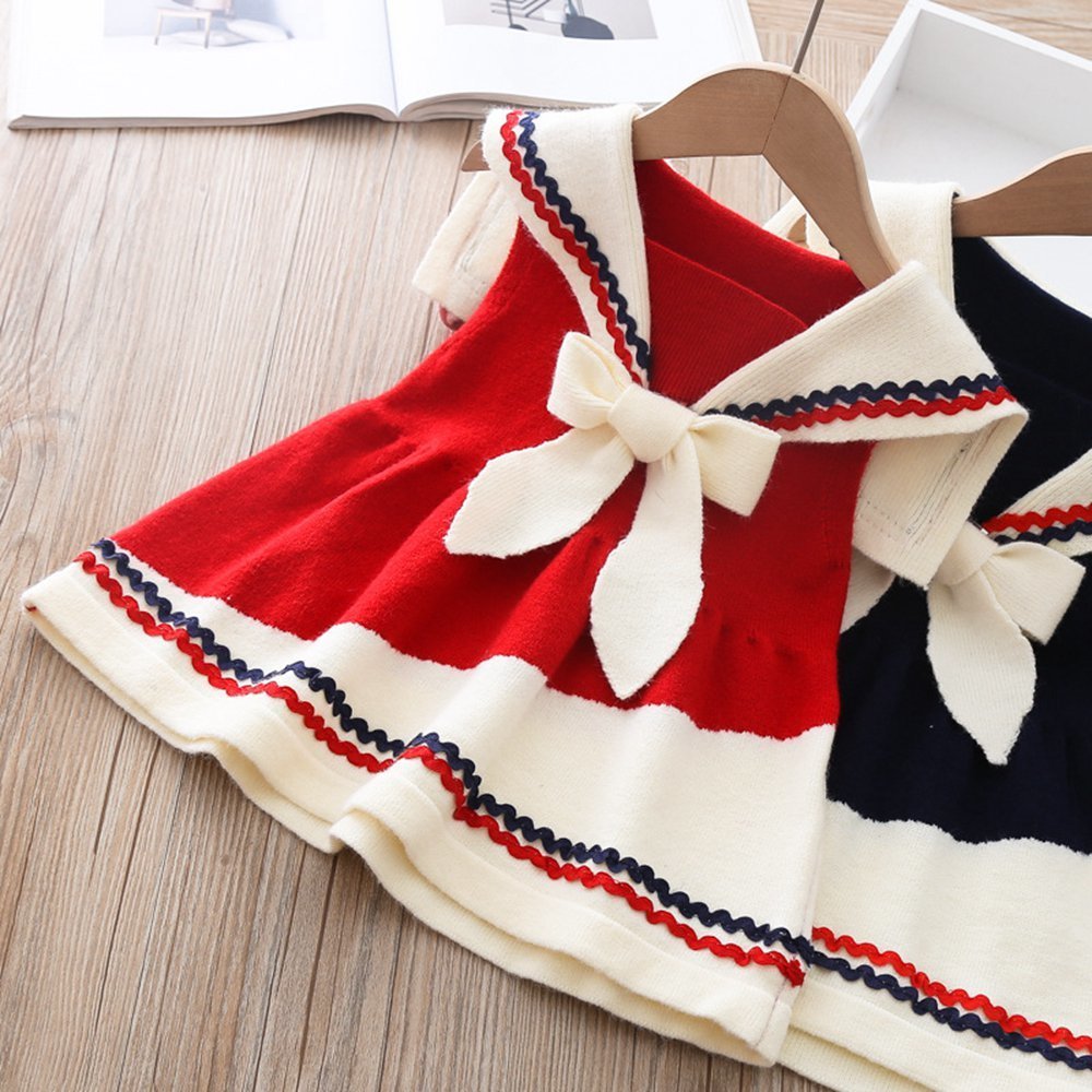 Girl&#039;s Autumn Winter Girls Princess Dress Kids Children Baby Sailor Collar Knited Sleeveless Knitwear Navy Style Bowtie Dresses S11062 1027-image-689153537