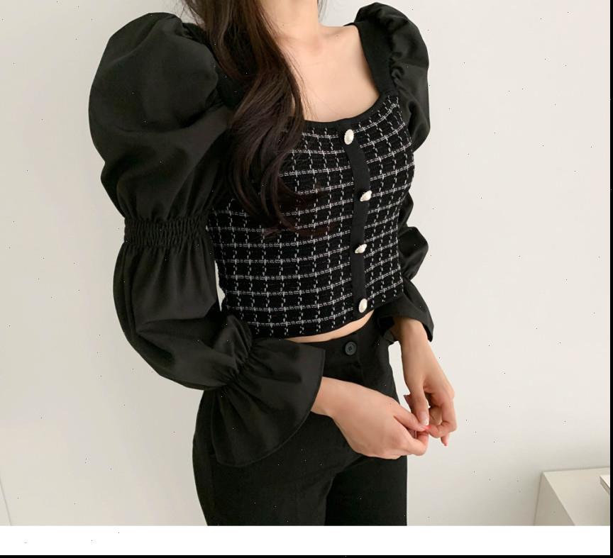 

chic french style retro knitted womens shirts patchwork square collar slim blouse flare sleeve femme blusas pl371, White