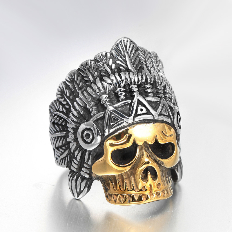

Cool Design Punk Style Indiana Feathered Skull Ring Antique Gold Silver Plated Stainless Steel Jewelry for Sale