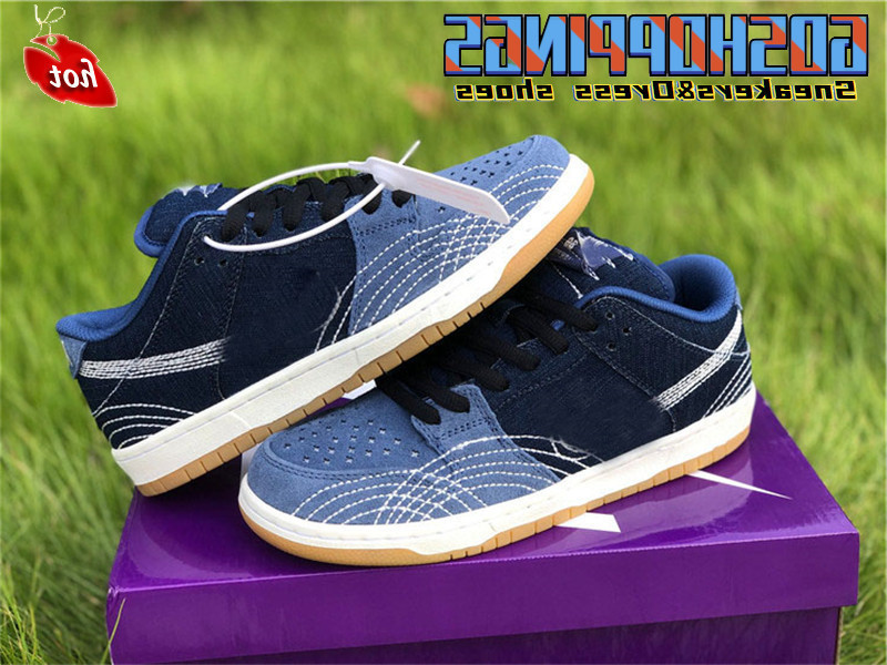 

2021 Released SB Low PRM Denim Sashiko Mystic Navy Gum Light Brown Sail Mens Womens Sports Shoes Outdoor Sneakers With Original Box