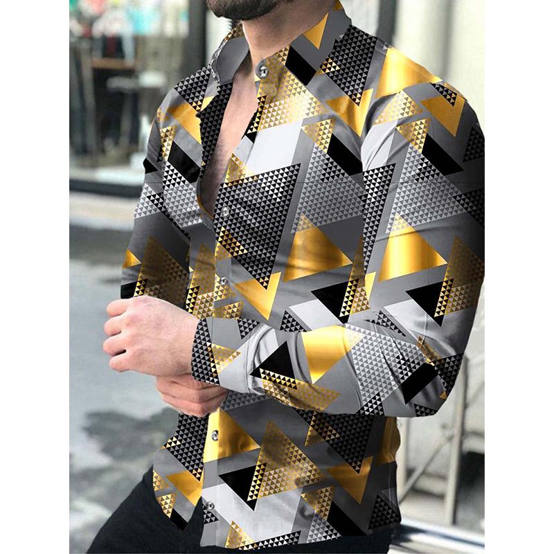 

Men's Casual Shirts Social Fashion Men Turn-down Collar Buttoned Shirt Triangle Print Long Sleeve Tops Mens Clothes Club Prom Cardigan, White;black