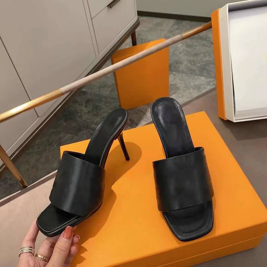 

European classic spring and summer women's designer high-heeled slippers, embossed candy color series, fashionable sexy, with box, size 35-41, Black