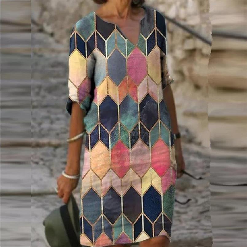 

summer half sleeved v neck womens dresses vintage printed loose casual all match plus size beach vestidos, Black;gray