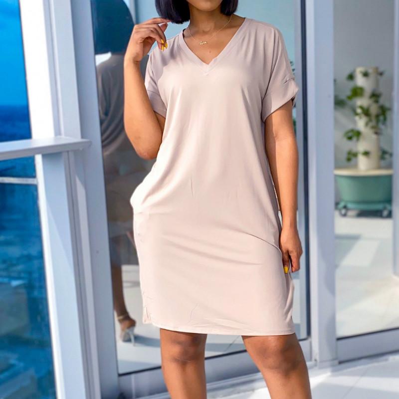 

Casual Dresses Hirigin Plus Size 3XL Pockets Women Short Sleeve V-neck Straight Sundress Summer Loose Femme Kawaii Mini Dress, Beige