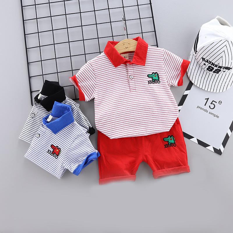 

Clothing Sets Summer Boys Set Stripe Cartoon Crocodile Embroidered Short Sleeve Shirt +Pants 2Pcs For 1-4 Years Casual Outfit, White