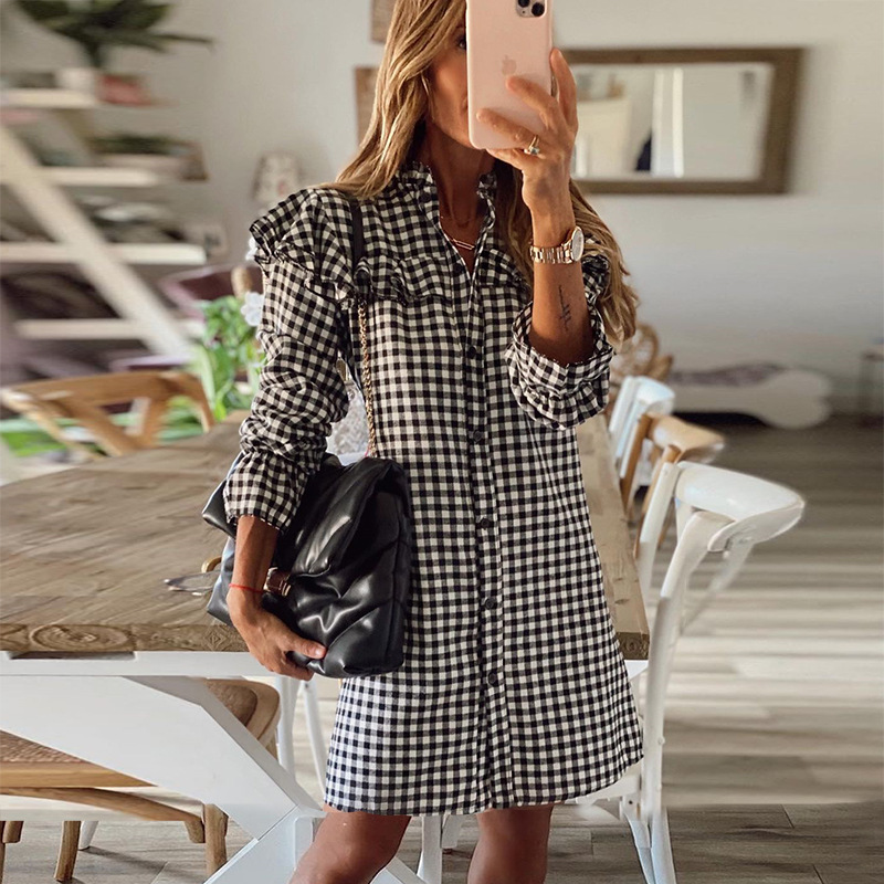 

Women Spring Ruffle Houndstooth Office Dress Vintage Casual Plaid Midi Shirt Dress Ladies Autumn Long Sleeve Chic Work Vestidos, Black