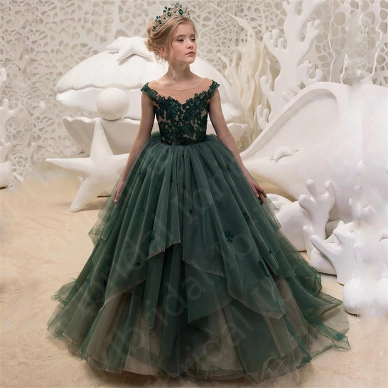 

Girl's Dresses 2021 Lovely Dark Green Flower Girls Jewel Neck Cap Sleeves Kids Party Gowns Lace Formal Wear Appliqued On Sale, White