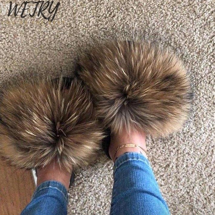 

Slippers 2021 Summer Fur Slides Cute Plush 100% Real Hair Luxury Fashion Beach Size 36-45, Black