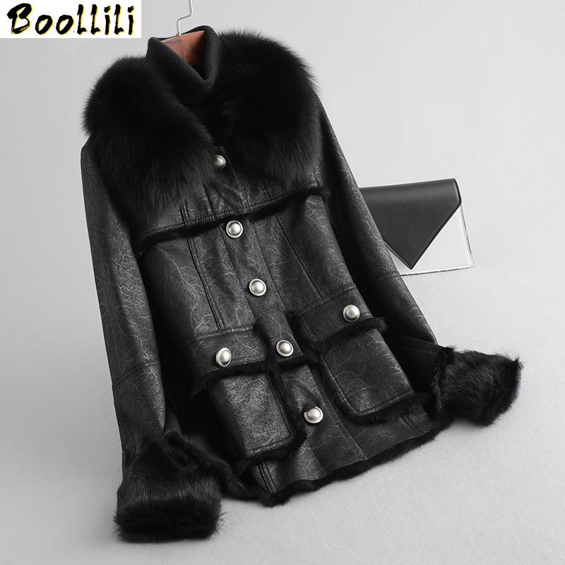 

women's fur & faux boollili real coat female natural winter jacket women collar leather manteau femme, Black