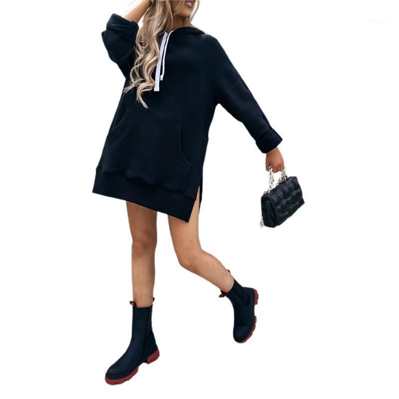 

Casual Dresses Women's Loose Hoodie Dress Long Sleeve Solid Color Autumn Fashion Drawstring Mini, Black