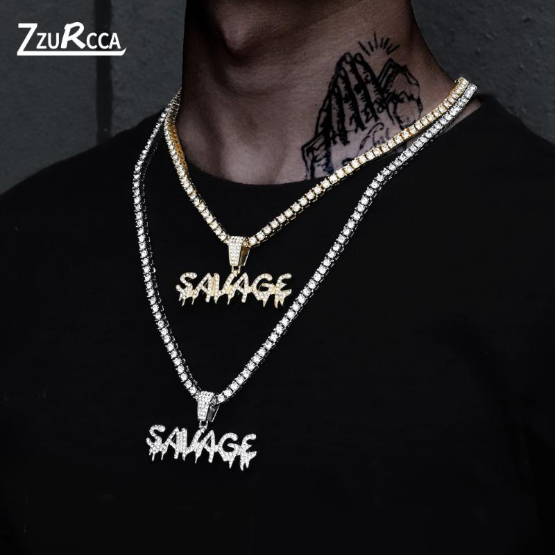 

Chains Hip Hop Letter SAVAGE Pendant Necklace Gold Tennis Chain Crystal For Women Men Charm Choker Colar Masculino