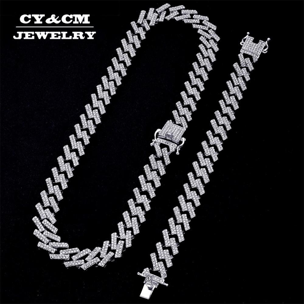 

15mm Miami Prong Cuban Chain Link Silver Color Necklaces 2 Row Full Iced Out Rhinestones Bracelet Set for Mens Hip Hop Chains X0509