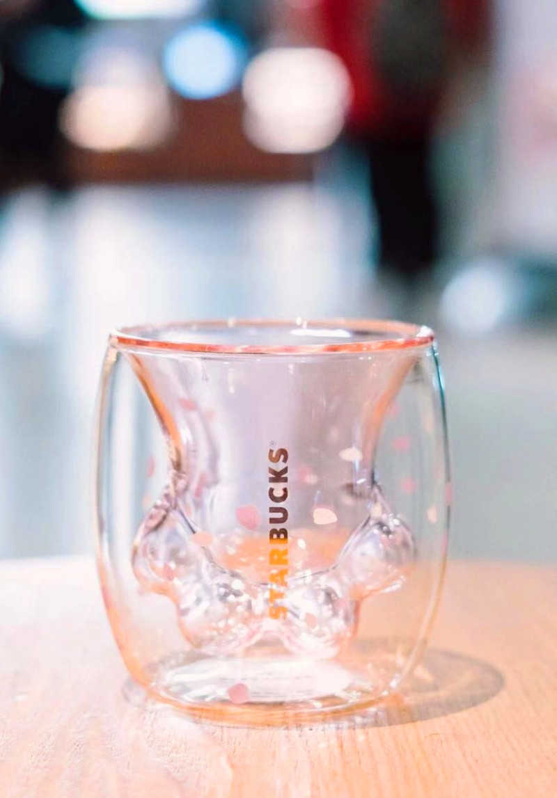 New Starbucks Sakura Pink Cat Claw Glass cup Cherry series Double transparent coffee mug 178ML for juice milk beer-image-735770525